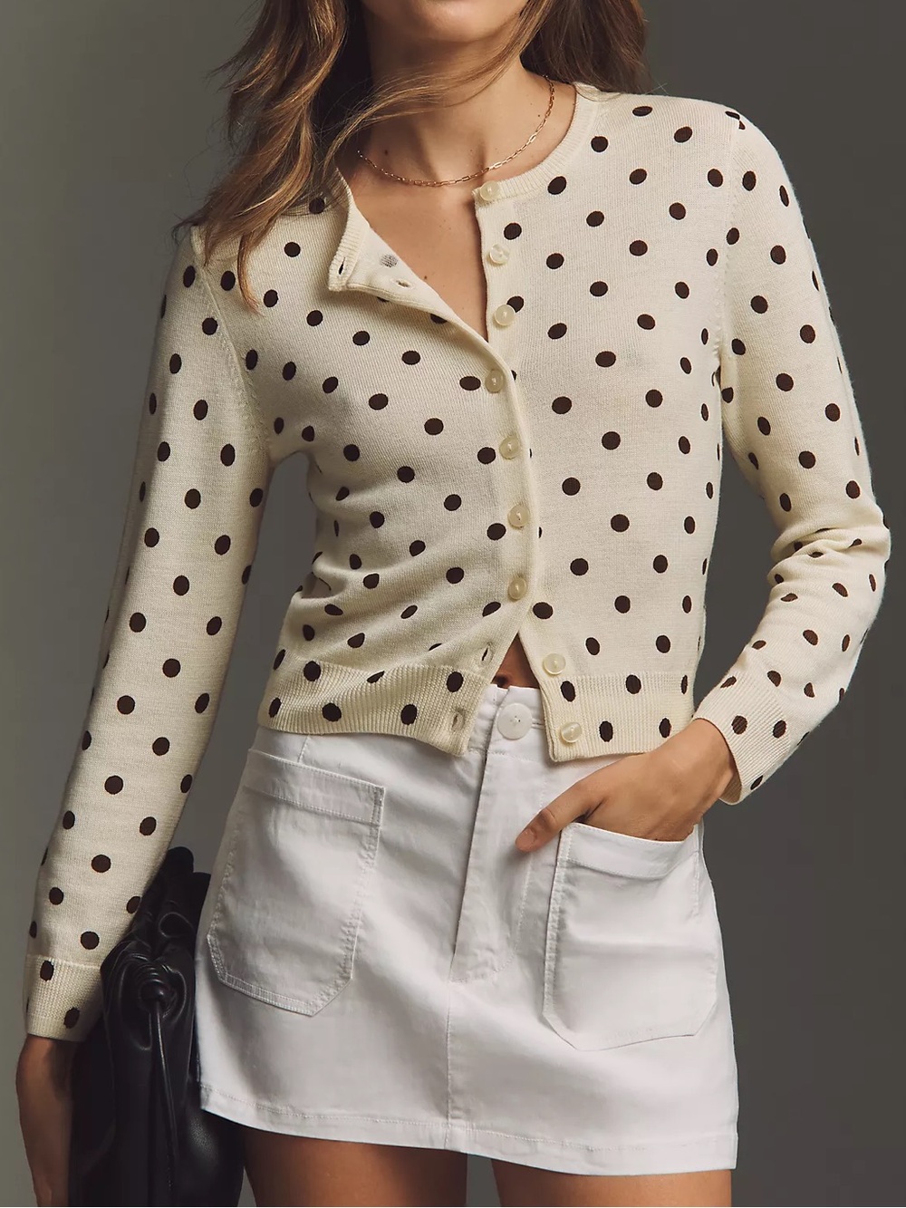 Reformation Bernadette Polka Dot Crop Cardigan Sweater in Brownie Dot NWOT